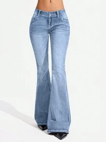 SHEIN Tall 女款休閒日常喇叭牛仔褲，附口袋與鈕扣設計 - 淺色水洗藍 - 查看 1