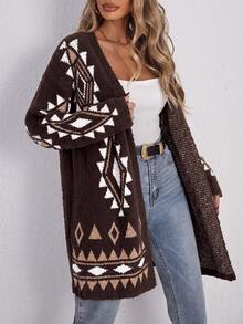 SHEIN LUNE Geo Pattern Fuzzy Knit Cardigan In Fall/Winter - Brown - View 4