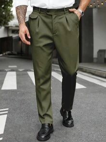 Manfinity Mode 大尺碼男士純色口袋休閒錐形正式長褲，儀式穿著 - 綠色 - 查看 3