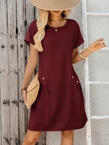 EMERY ROSE Gaun Mini Lengan Pendek Warna Polos Kasual Musim Panas Wanita, Cocok untuk Liburan Siang Hari di Kota, Perjalanan, Liburan, Kantor, Makan Siang, dan Kerja. - Burgundy - View 8