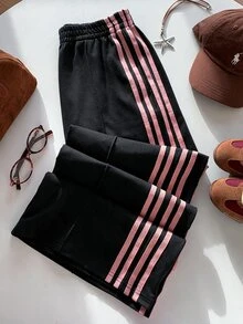 SHEIN EZwear 女款休閒 95% 棉粉色拼色條紋寬腿運動長褲，適合夏季、秋季、冬季穿著，黑色寬腿褲 - 彩色 - 查看 5
