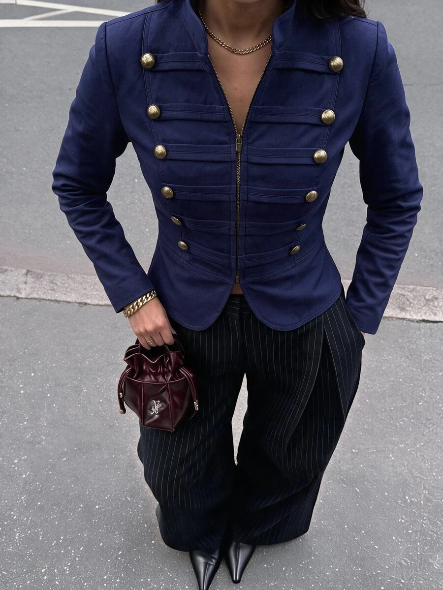 Lavishia 女款優雅雙排扣淺卡其色前拉鍊拿破崙/軍裝夾克,秋季穿搭,鄉村音樂會服飾,拿破崙夾克,哥德風,秋季 - 藏蓝色 - 查看 1