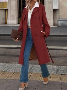 SHEIN Clasi 女款保暖內裡風衣大衣，輕量秋季冬季教師節辦公商務米色休閒優雅 - 紅色 - 查看 7