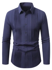 Manfinity Mode Men's Solid Color Casual Versatile Daily Wear Shirt - Navy Blue - View 3