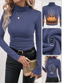 SHEIN Clasi 女款立領抓皺酒紅色收腰抓絨保暖T恤上衣，聖誕休閒居家家居秋季簡約基礎上班穿搭上衣 - 藍色 - 查看 1