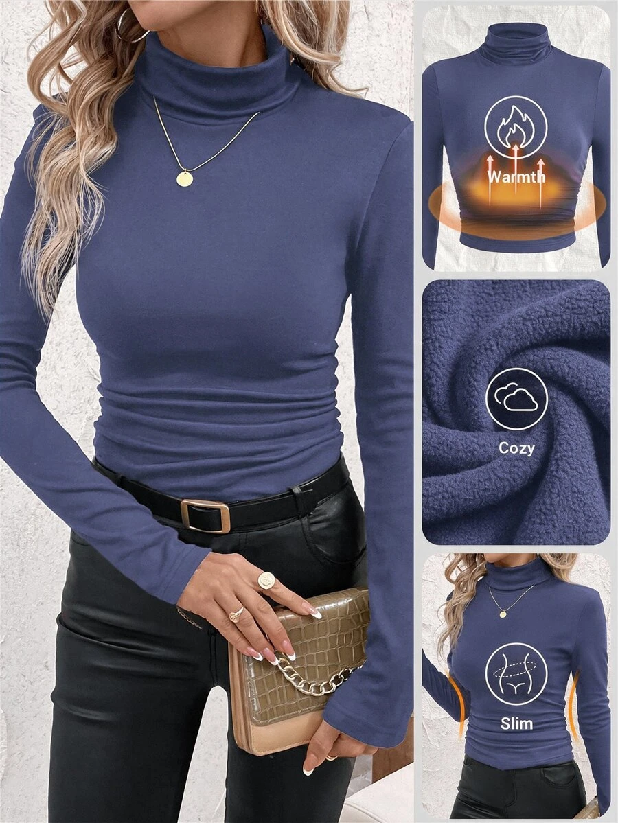 SHEIN Clasi 女款立領抓皺酒紅色收腰抓絨保暖T恤上衣,聖誕休閒居家家居秋季簡約基礎上班穿搭上衣 - 藍色 - 查看 1