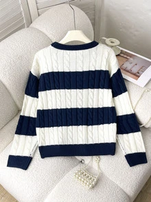 SHEIN Tween女孩現代藍白條紋海軍藍圓領毛衣，秋冬開學季學院風毛衣 - 藏蓝色 - 查看 3