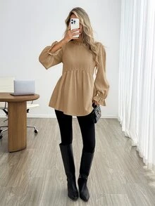 Easowa 女款素色荷葉邊圓領長袖休閒優雅襯衫 米色 秋季 教師節 辦公室 早午餐 - 卡其色 - 查看 2