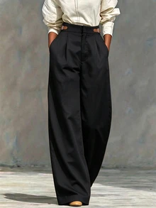 SHEIN Women's Elegant Commute Wide Leg Belt Cinched Waist Design Black Long Pants, Simple And Professional For Daily Wear - Black - View 3