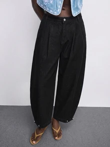 Maija Plus Size Women's Casual Daily Denim Jeans With Pockets And Buttons - Black - View 3