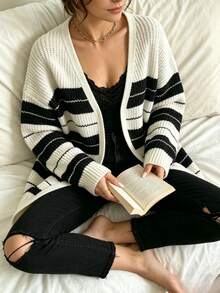 INAWLY Black & White Versatile Casual Vintage Knit Cardigan Sweater For Daily Wear, Travel And Atmospheric Style - Black and White - View 7