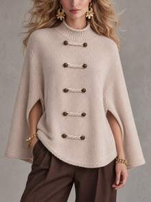 Omancia Atasan Sweater Rajut Longgar Model Cape Wanita Motif Kancing Katak Vintage Musim Gugur/Dingin - Unta - View 7