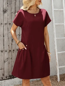 EMERY ROSE Gaun Mini Lengan Pendek Warna Polos Kasual Musim Panas Wanita, Cocok untuk Liburan Siang Hari di Kota, Perjalanan, Liburan, Kantor, Makan Siang, dan Kerja. - Burgundy - View 4