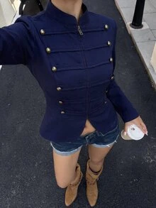 Lavishia 女款優雅雙排扣淺卡其色前拉鍊拿破崙/軍裝夾克，秋季穿搭，鄉村音樂會服飾，拿破崙夾克，哥德風，秋季 - 藏蓝色 - 查看 5