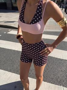 StreetHx Women's 2 Pieces Faux Layered Top And Shorts Casual Daily Sports Set - Multicolor - View 4