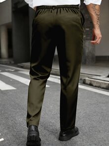 Manfinity Mode 大尺碼男士純色口袋休閒錐形正式長褲，儀式場合適用 - 軍綠色 - 查看 2