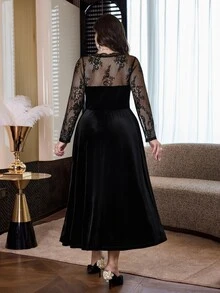 Modelyn Plus Size Women's Lace Patchwork Casual Party Dress - Black - View 2