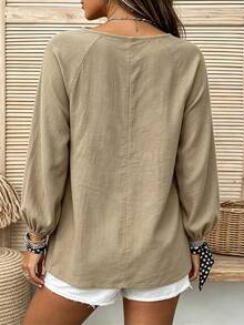 Linhara CURVE Plus Size Women's Woven Casual Fall Shirt - Khaki - View 2