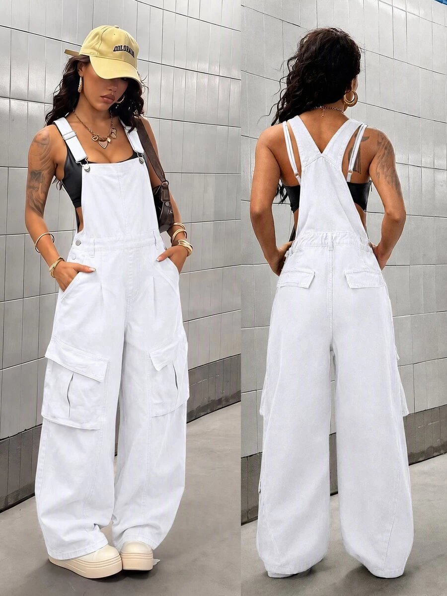 StreetHx Women's Solid Color Square Neck Sleeveless Casual Denim Jumpsuit, Fashion Summer - White - View 1