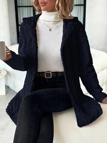 SHEIN Clasi 女款純色長袖連帽紋理抓絨外套，適合冬季 - 藏蓝色 - 查看 4