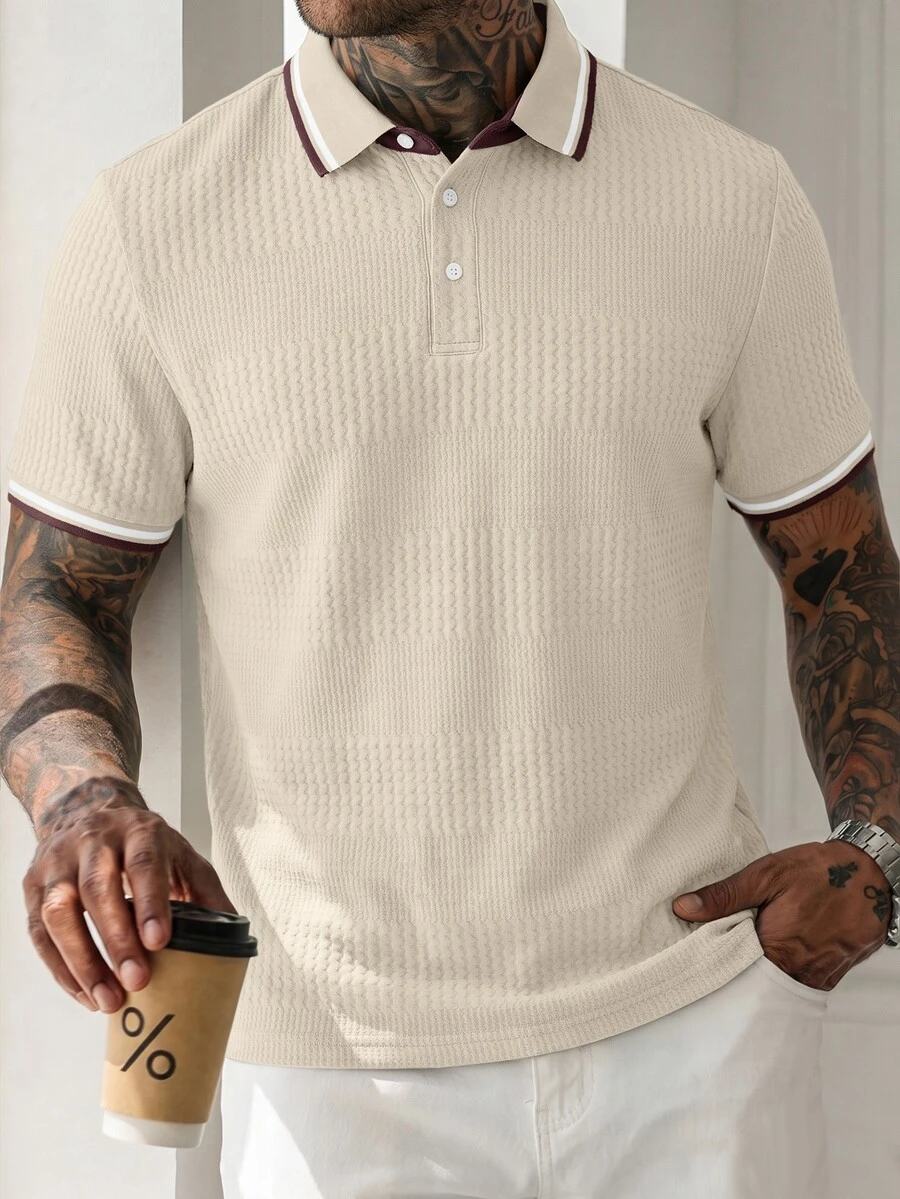 HUEFORM Men's Striped Short Sleeve Casual Commute Polo Shirt - Pale Yellow - View 1