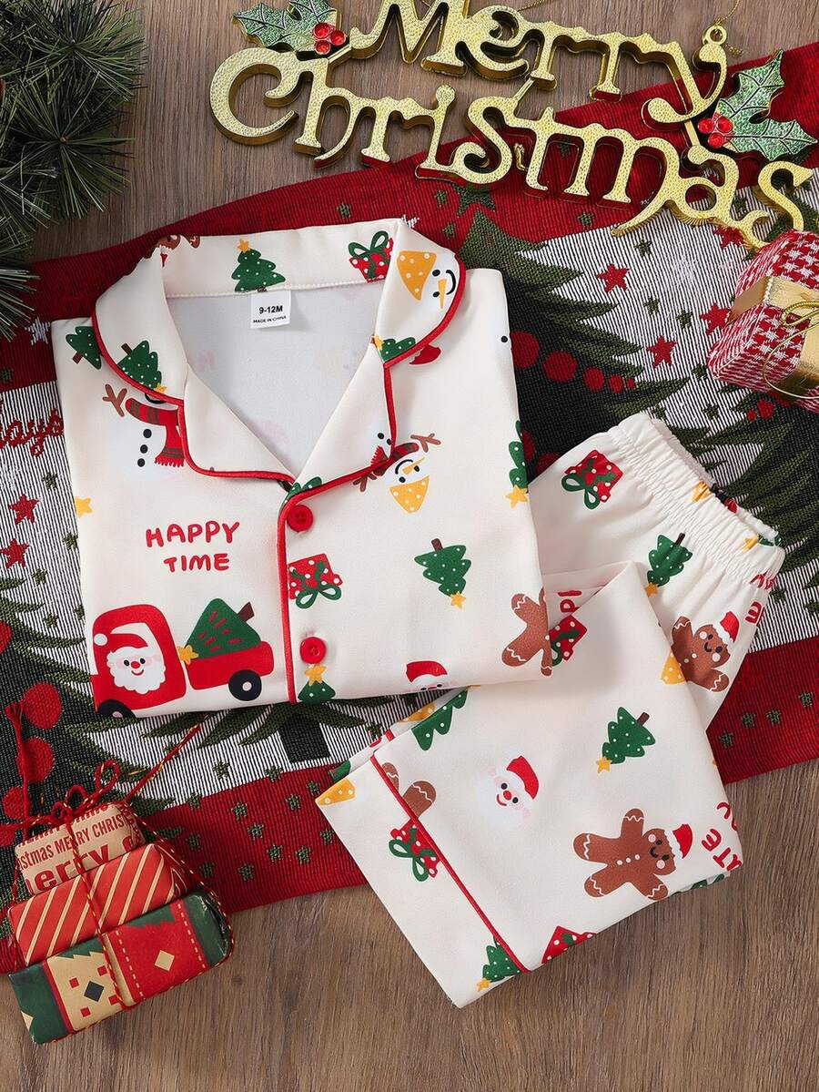Autumn/Winter Baby Boy Home Wear Long Sleeve Button-Up Top And Pants Set, Cute All-Over Christmas Pattern, Holiday Family Matching Outfit - Multicolor - View 1