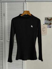 SHEIN Frenchy 92%棉女款羅紋圓領長袖休閒T恤，馬刺繡設計 - 黑色 - 查看 7
