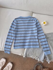 SHEIN LUNE 女款休閒法式教師節返校早午餐日常辦公商務穿搭外套 秋季米色針織上衣 早午餐米色秋季外出穿搭 - 淺藍色 - 查看 2