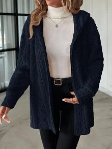 SHEIN Clasi 女款純色長袖連帽紋理抓絨外套，適合冬季 - 藏蓝色 - 查看 3