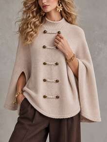 Omancia Atasan Sweater Rajut Longgar Model Cape Wanita Motif Kancing Katak Vintage Musim Gugur/Dingin - Unta - View 5