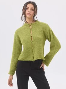 KÆRIA Hus Cropped Crew-Neck Cardigan - Fot Touch Textured Knit - Chartreuse Green - Button-Up, Cropped Knit - Green - View 5