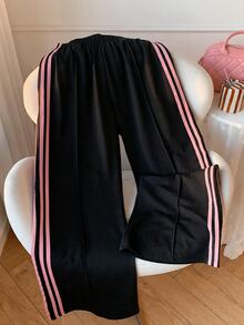 SHEIN EZwear 女款休閒 95% 棉粉色拼色條紋寬腿運動長褲，適合夏季、秋季、冬季穿著，黑色寬腿褲 - 彩色 - 查看 6