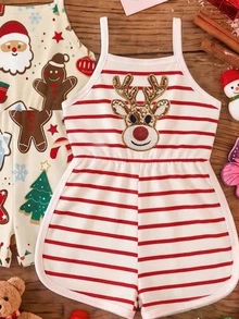 3pcs/Set Baby Girl Christmas New Deer Christmas Tree Snowflake Print Spaghetti Strap Round Neck Casual Romper - Multicolor - View 3