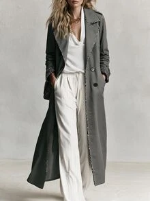 Struktiv Women Long Trench Coat Leopard Trim Double Breasted Loose Fit Streetwear Spring Grey - Grey - View 6
