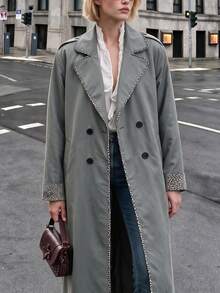 Struktiv Women Long Trench Coat Leopard Trim Double Breasted Loose Fit Streetwear Spring Grey - Grey - View 8