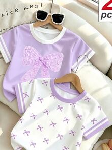 2pcs Girls' Big Bow Print Purple T-Shirt And Bow Print White T-Shirt, Comfortable Summer Casual Sweet Style Tops Suitable For Spring, Summer, Autumn Daily Wear, Fashionable Cute Street Style Girls' Tops Suitable For All Seasons - White - View 3