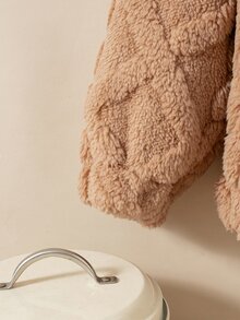 SHEIN 1件女款極簡柔美風 3D 粗繩編織紋理毛絨布料連帽拉鍊長袖短夾克，寬鬆落肩版型，羅紋袖口，厚實質感，休閒外套，適合日常穿著與假期出遊，簡約經典，冬季完美穿搭 - 棕色 - 查看 5