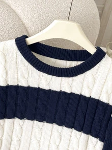 SHEIN Tween女孩現代藍白條紋海軍藍圓領毛衣，秋冬開學季學院風毛衣 - 藏蓝色 - 查看 4
