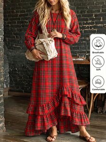 Linhara CURVE 2026新款大尺碼休閒條紋圓領長袖燈籠袖拼接荷葉邊長洋裝女款秋季 - 紅色 - 查看 6