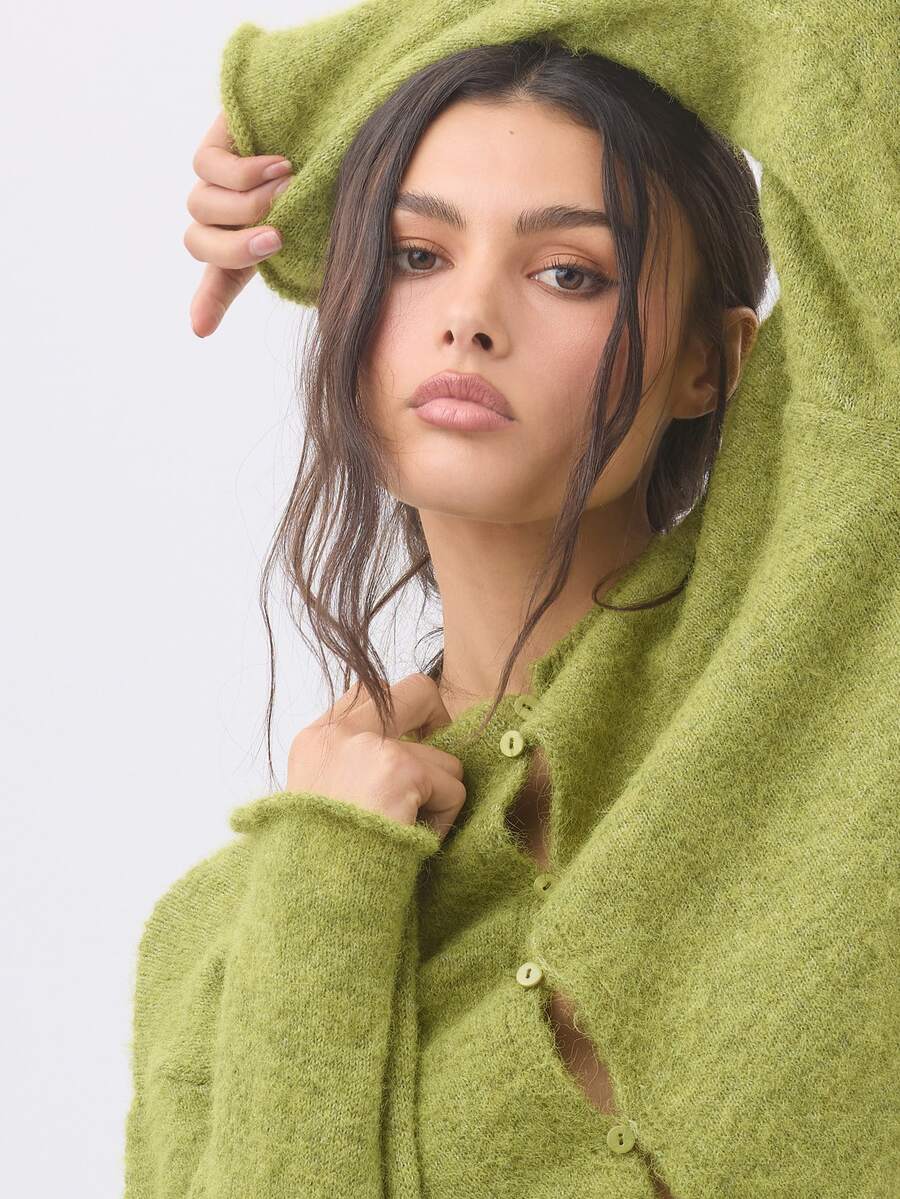 KÆRIA Hus Cropped Crew-Neck Cardigan - Fot Touch Textured Knit - Chartreuse Green - Button-Up, Cropped Knit