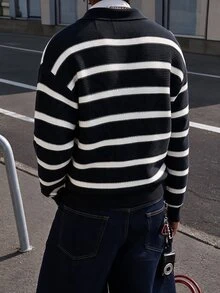 NEOSTRIT Men's Autumn/Winter Casual Colorblock Striped Cardigan - Black and White - View 2