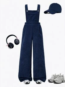 SHEIN 少女版抓絨秋季服飾 秋冬/冬季 羅紋燈芯絨 可調扣彈性腰連身褲，適合秋冬穿著，日常穿搭 - 彩色 - 查看 3