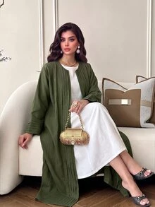 Yasmyna Elegant Round Neck Olive Green, Exquisite Pleated Patchwork Front Center Long Sleeve Raglan Sleeve, Large Flare Women's Arabic Abaya, Suitable For Home Daily, Date And Vacation. - Olive Green - View 3