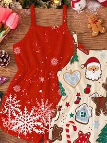3pcs/Set Baby Girl Christmas New Deer Christmas Tree Snowflake Print Spaghetti Strap Round Neck Casual Romper - Multicolor - View 4