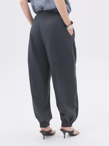 KÆRIA Hus Celana Harem Berkerah - Potongan Longgar - Biru Tua - Elastis, Saku Samping, Model Balon, Gaya Preppy - Dark Grey - View 3