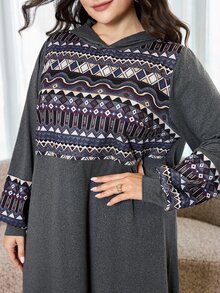 Al Najma Plus Size Women's Colorblock Casual Everyday Hooded Dress - Dark Grey - View 3
