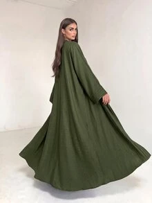 Yasmyna Elegant Round Neck Olive Green, Exquisite Pleated Patchwork Front Center Long Sleeve Raglan Sleeve, Large Flare Women's Arabic Abaya, Suitable For Home Daily, Date And Vacation. - Olive Green - View 2