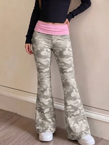 1件女款青少年黑色運動休閒舒適時尚長褲，個性化腰部設計，喇叭褲腳剪裁，適合室內/戶外、派對、運動、旅行、學校、通勤及任何場合，春/秋季必備長褲 - 綠色 - 查看 5