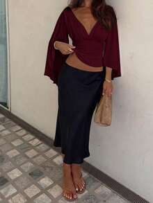 Siren Gaze Women's Solid Color V-Neck Pleated Casual Daily Wear Blouse - Burgundy - View 4