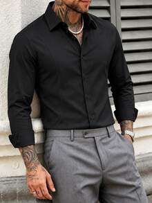 Manfinity Mode Men's Business Casual Wrinkle-Resistant Fabric Front Panel Patchwork Design Long Sleeve Shirt - Black - View 3